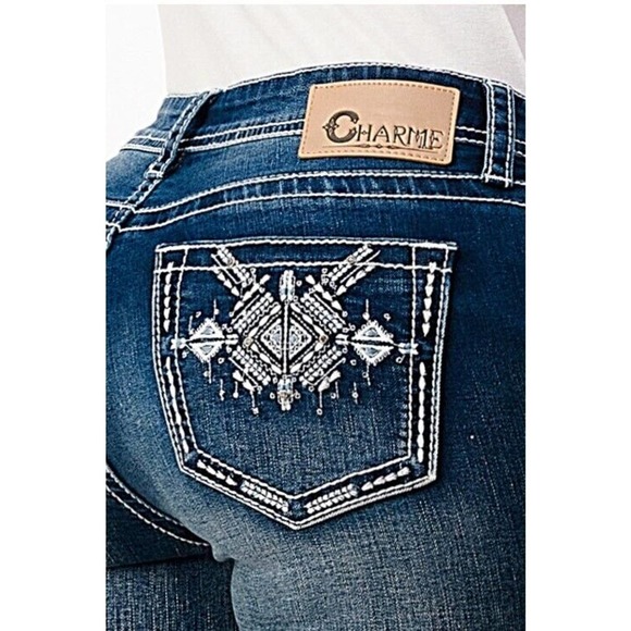 Charme Denim - Charme by Grace in LA Women's Aztec Motif Embroidered Bootcut Stretch Jeans